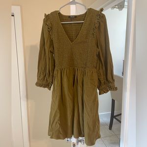 Madewell Luxor V-Neck Olive Flannel Smocked Mini Dress size Medium